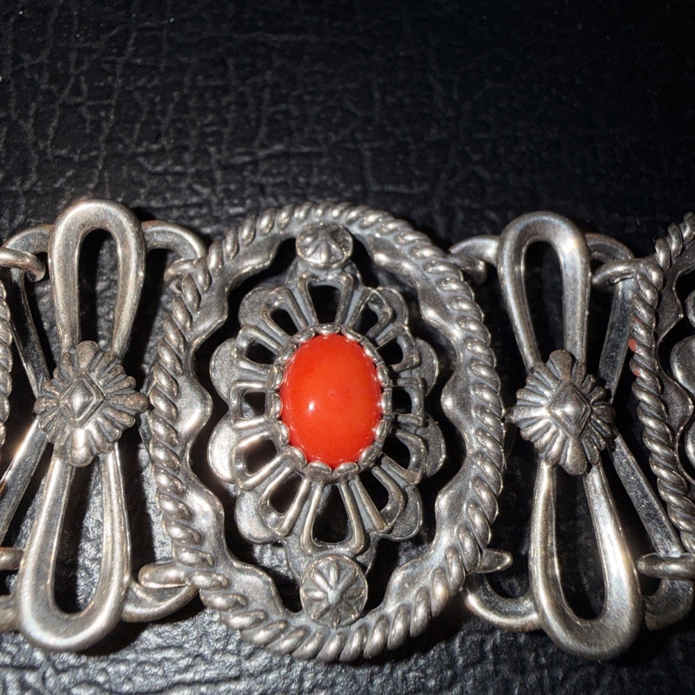 Silver and Red Coral filagree Bracelet Sterling Silver 925 - Picture 3 of 12